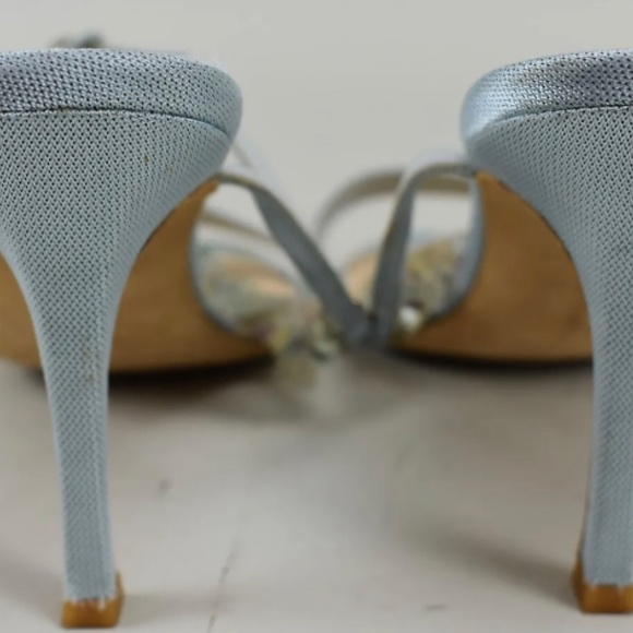 Manolo Blahnik Light Blue Silk Blend Sandals Stones Strap Heels Gems Size 39.5 - Picture 2 of 4